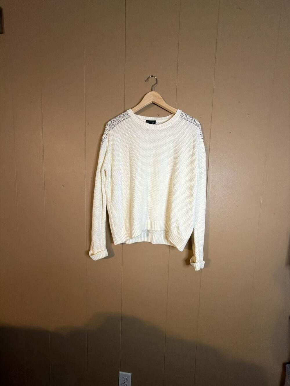 Topshop Cream Textured Knit Sweater with Studded Shoulders Size US 8